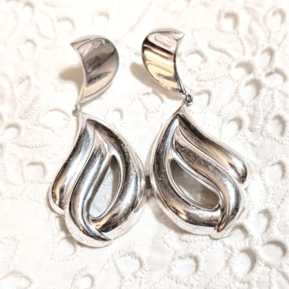 DIOR Sterling Silver LONG Dangling Vintage Pierced Earrings - Picture 4 of 5